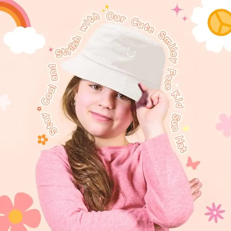 Cappello da sole per bambini, cappello da pescatore per bambini con faccina sorridente, cappello da sole reversibile per bambini, cappello da pescatore a tesa larga per bambini e bambine, per 2-8 anni miniatura 3