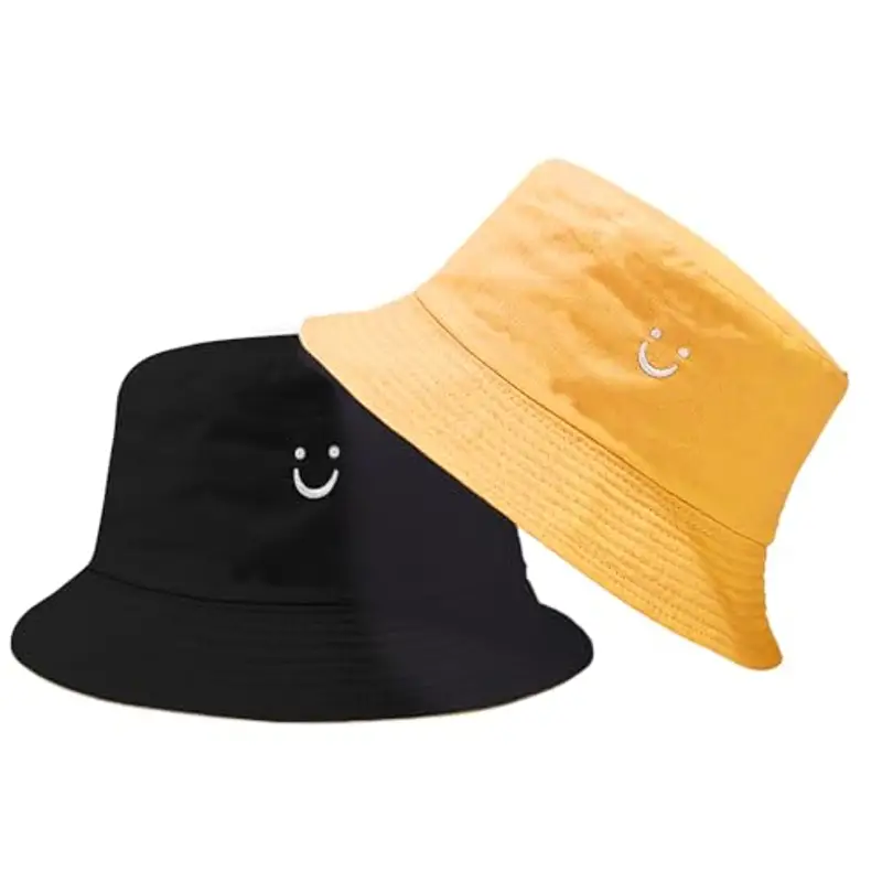 Cappello da Sole per Bambini, Smile Kids Bucket Hat Girl Boys Sun Hat Reversibile Toddler Hat Wide Brim Boys Girls Bucket Hat Double Sided Breathable Sun Hats per Bambini da 2 a 8 Anni (Giallo/Nero)