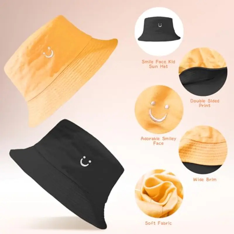 Cappello da Sole per Bambini, Smile Kids Bucket Hat Girl Boys Sun Hat Reversibile Toddler Hat Wide Brim Boys Girls Bucket Hat Double Sided Breathable Sun Hats per Bambini da 2 a 8 Anni (Giallo/Nero) miniatura 2