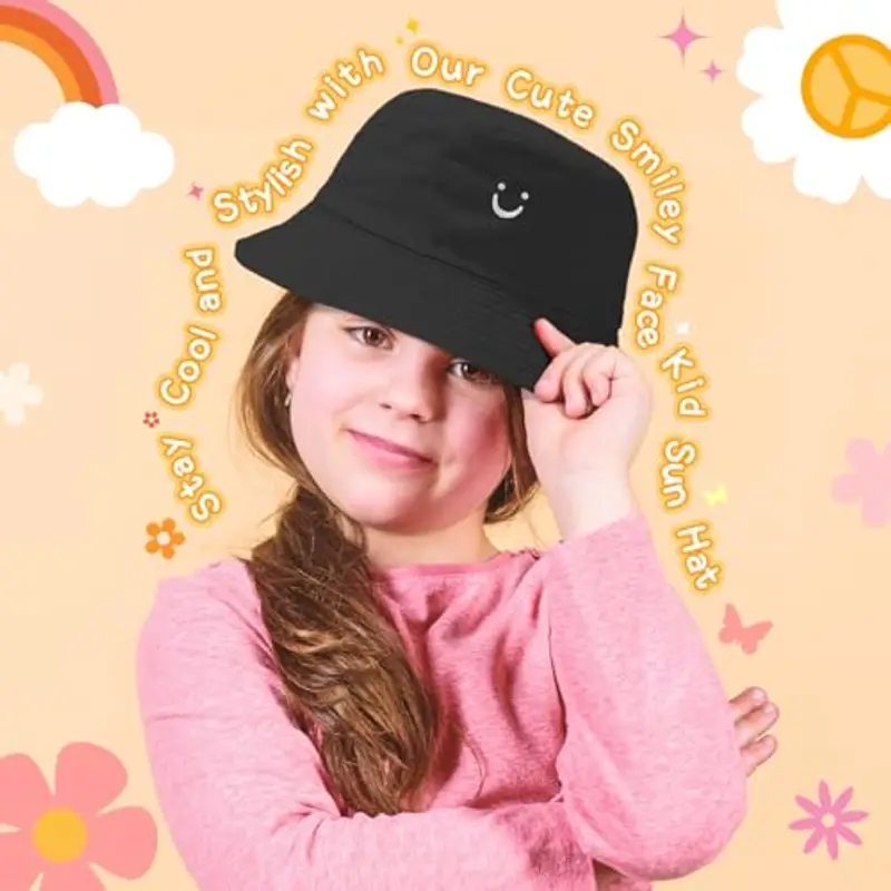 Cappello da Sole per Bambini, Smile Kids Bucket Hat Girl Boys Sun Hat Reversibile Toddler Hat Wide Brim Boys Girls Bucket Hat Double Sided Breathable Sun Hats per Bambini da 2 a 8 Anni (Giallo/Nero) miniatura 3
