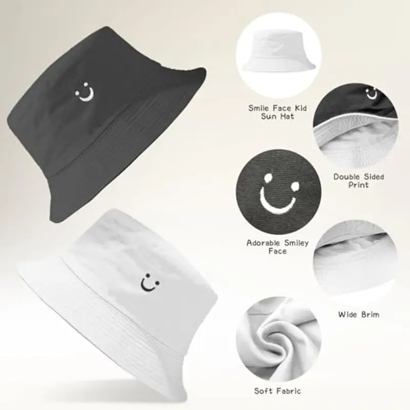 Cappello da Sole per Bambini, Smile Kids Bucket Hat Girl Boys Sun Hat Reversibile Toddler Hat Wide Brim Boys Girls Bucket Hat Double Sided Breathable Sun Hats per Bambini da 2 a 8 Anni (Nero/Bianco) miniatura 2