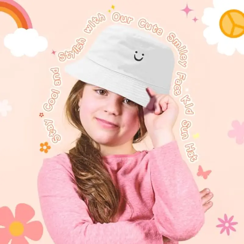 Cappello da Sole per Bambini, Smile Kids Bucket Hat Girl Boys Sun Hat Reversibile Toddler Hat Wide Brim Boys Girls Bucket Hat Double Sided Breathable Sun Hats per Bambini da 2 a 8 Anni (Nero/Bianco) miniatura 3