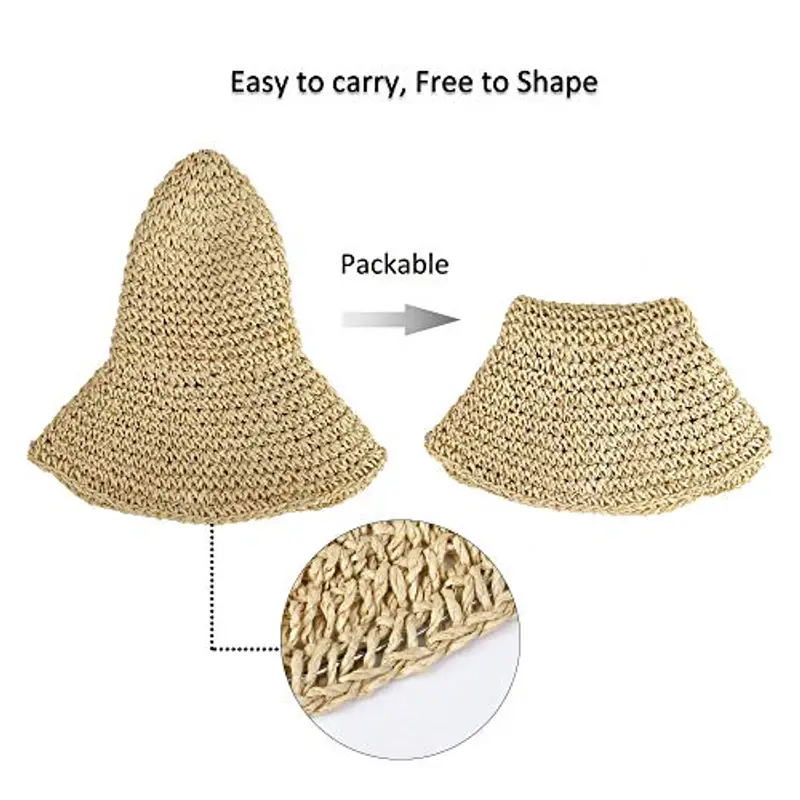 Cappello Parasole di Paglia da donna Elegante, Cappello Tesa Larga da Sole Estate, flessibile e pieghevole per l’estate viaggio e la spiaggia Vacanze (beige) miniatura 3