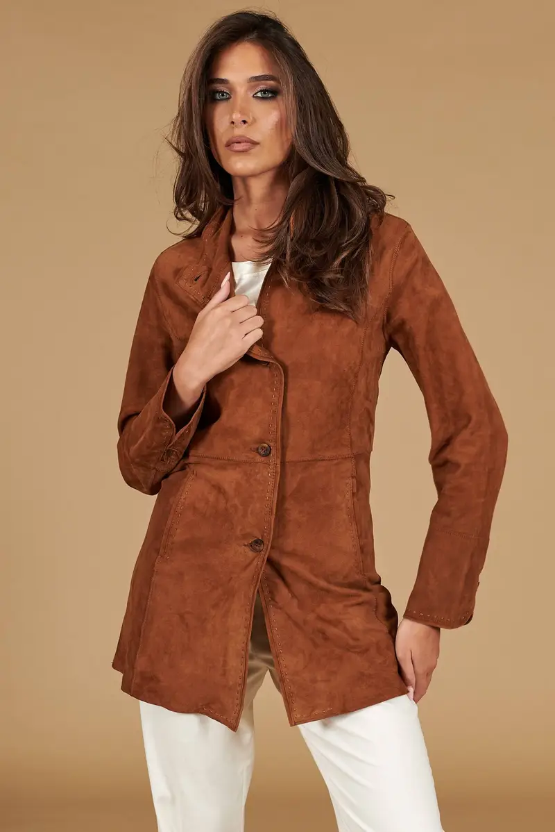 Cappottino in pelle camoscio cuoio sfoderato D'Arienzo, Seleziona Taglia S, Colore Cuoio