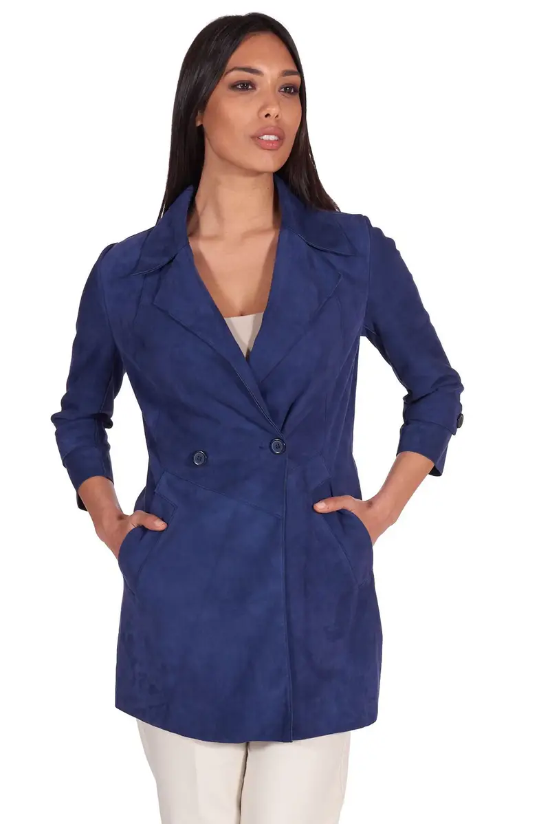 Cappottino in pelle scamosciata blu fodera tessuto D'Arienzo, Seleziona Taglia S, Colore Blu