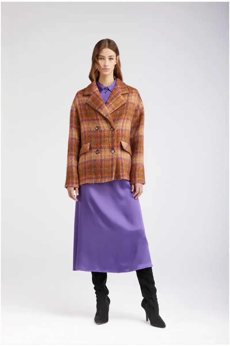 cappotto corto doppiopetto tessuto a quadri quadro multitabacco 42