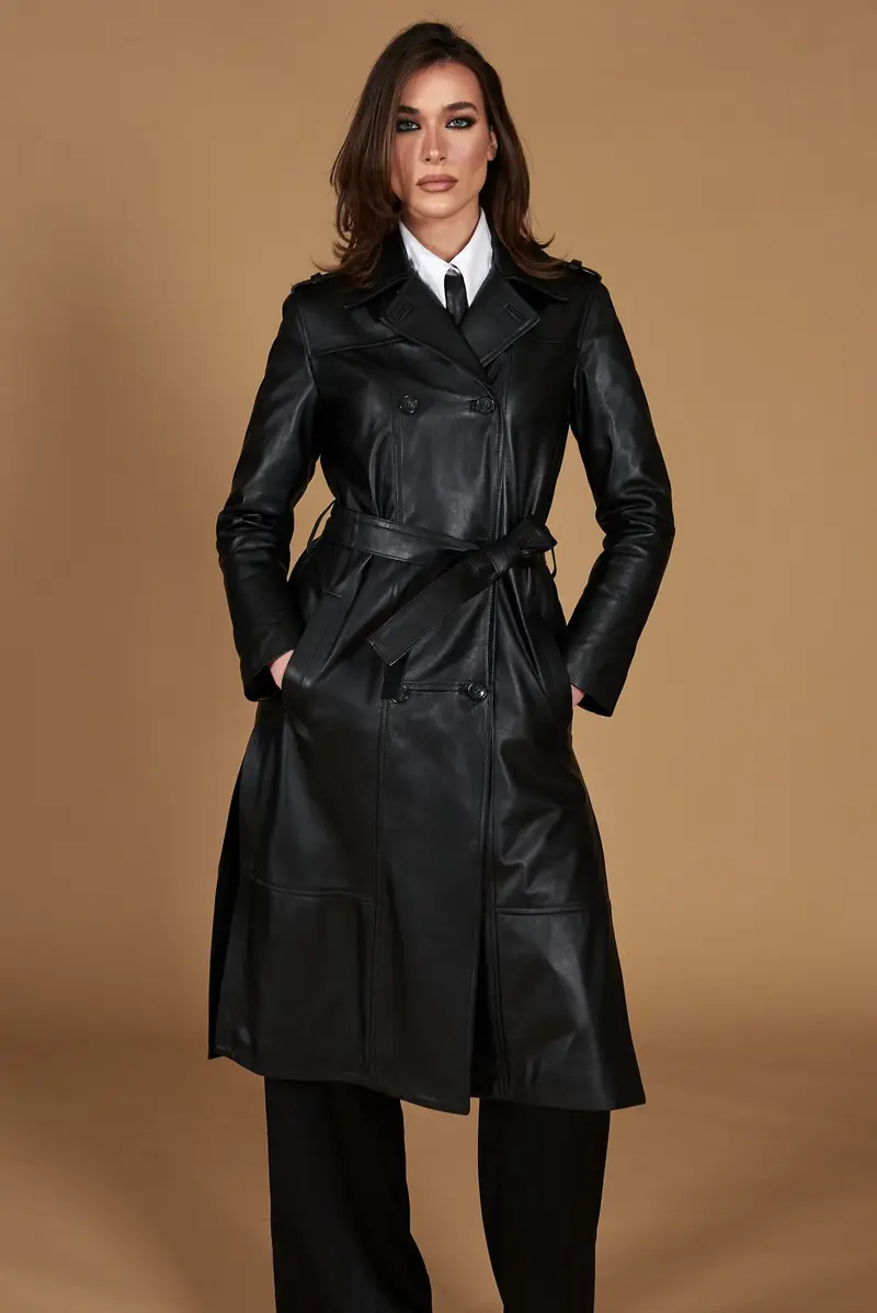 Cappotto in pelle nappa nera doppio petto spacchi laterali D'Arienzo, Seleziona Taglia XS-S, Colore Nero