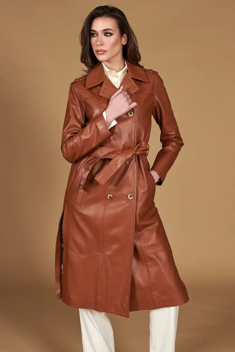 Cappotto in pelle naturale cuoio doppio petto spacchi laterali D'Arienzo, Seleziona Taglia XS-S, Colore Cuoio