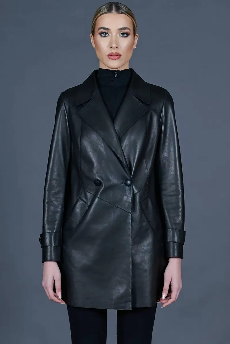 Cappotto in pelle nera accoppiata tessuto doppiopetto D'Arienzo, Seleziona Taglia XS, Colore Nero