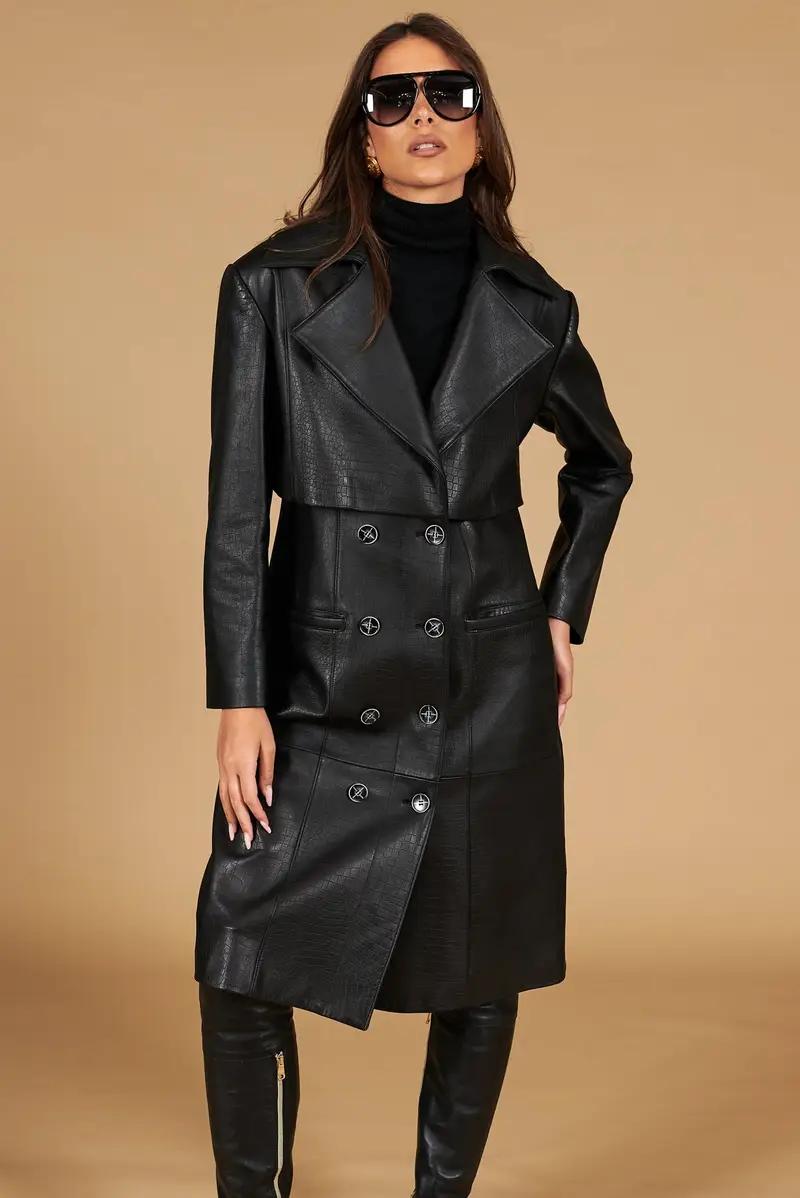 Cappotto in pelle nera stampa cocco versione doppiopetto D'Arienzo, Seleziona Taglia M, Colore Nero