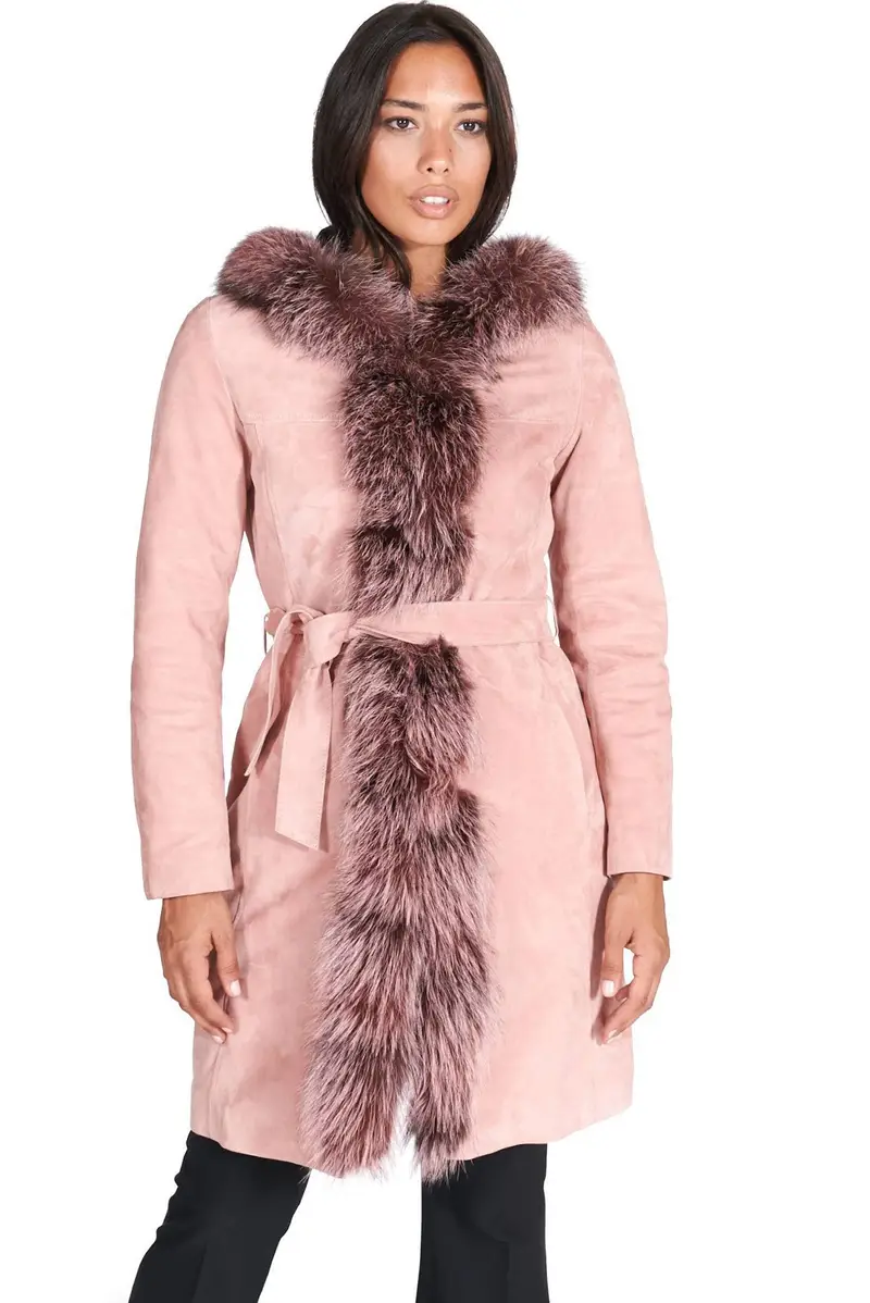 Cappotto in pelle scamosciata rosa con cappuccio bordato pelliccia D'Arienzo, Seleziona Taglia M, Colore Rosa