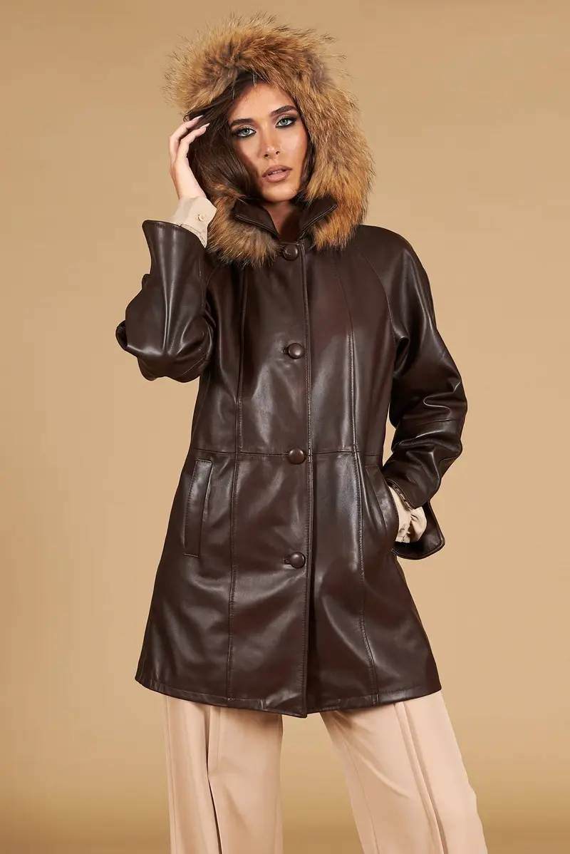 Cappotto in pelle testa di moro con cappuccio pelliccia comfort D'Arienzo, Seleziona Taglia S, Colore Testa di moro