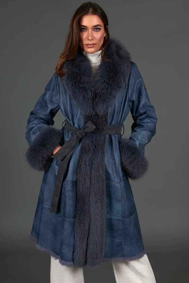 Cappotto in pelliccia di lapin nappato grigio con collo in volpe D'Arienzo, Seleziona Taglia M, Colore Grigio