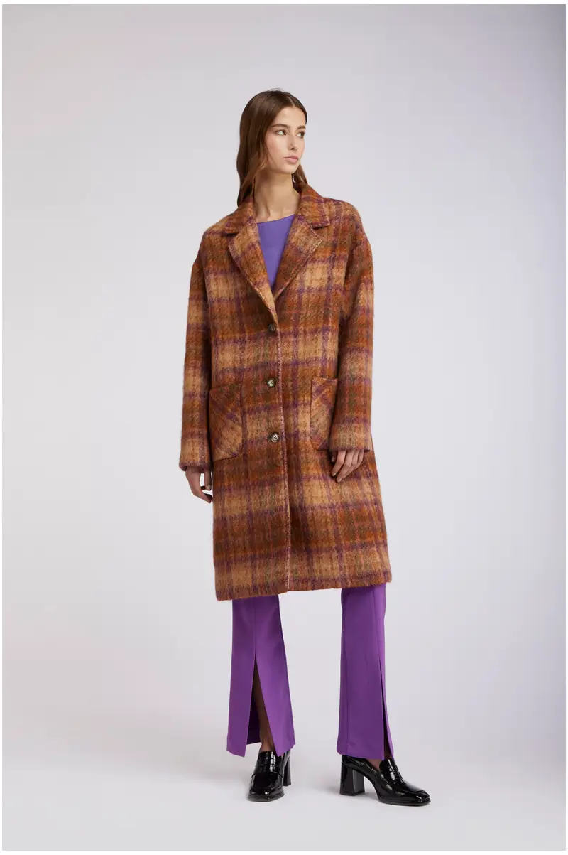 cappotto monopetto tessuto a quadri quadro multitabacco