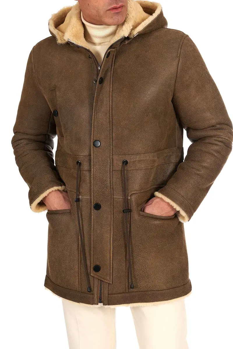 Cappotto Montone Shearling color fango con cappuccio staccabile D'Arienzo, Seleziona Taglia 54, Colore Fango