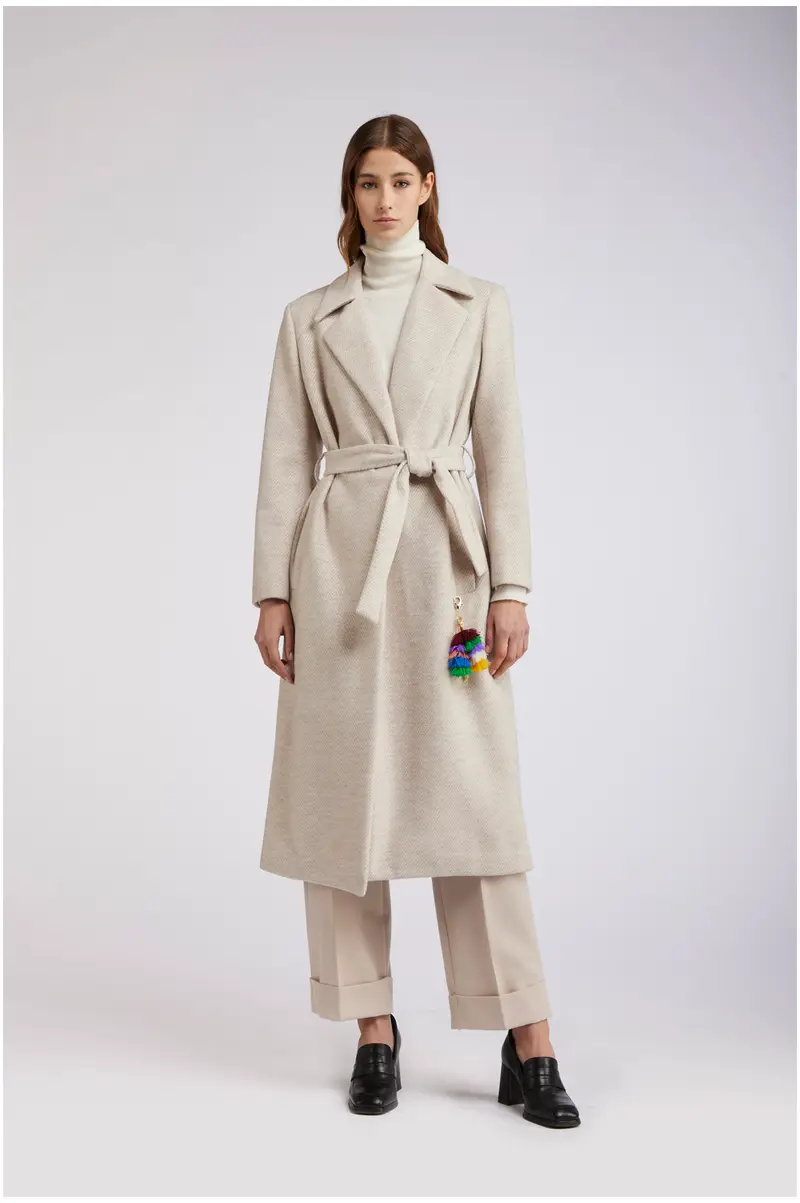 cappotto tipo vestaglia tessuto spigato burro 42