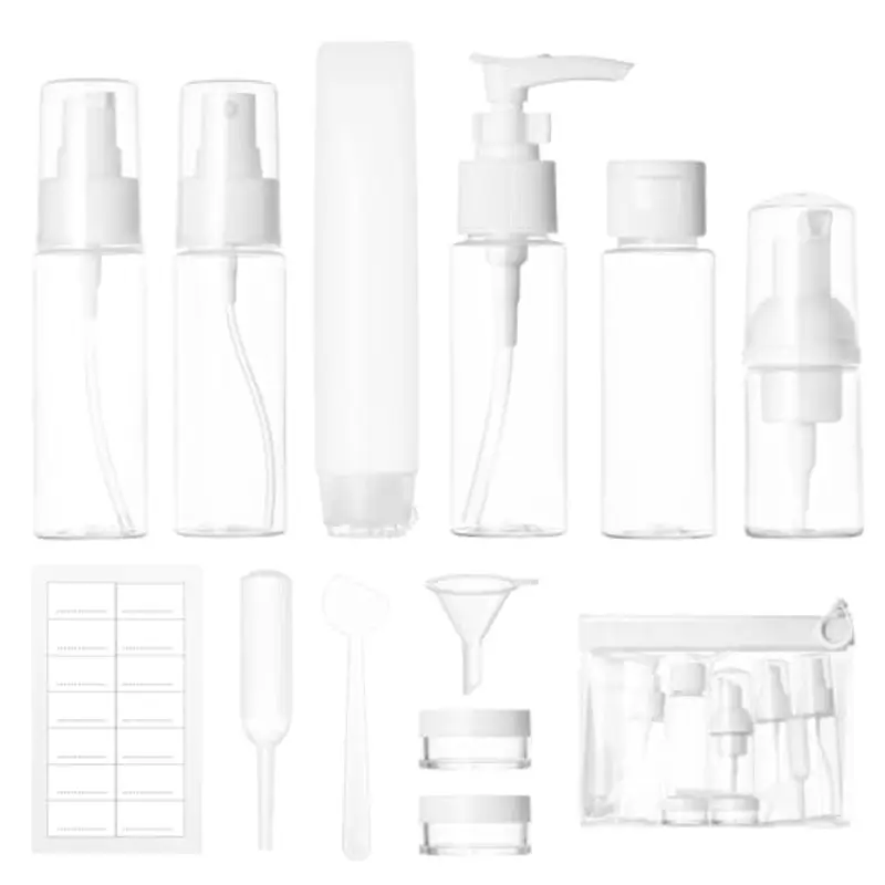 Carehabi Set di 12 bottiglie da viaggio da riempire, 30/50 ml, flacone spray trasparente, piccole lattine di crema, dispenser di schiuma, shampoo, accessori da viaggio per cosmetici