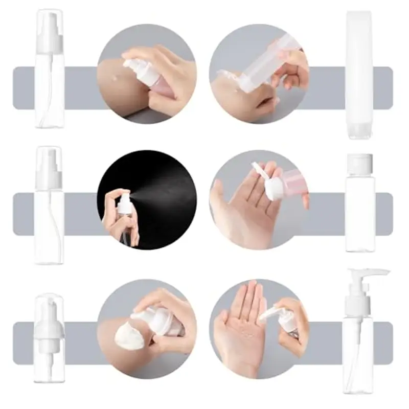 Carehabi Set di 12 bottiglie da viaggio da riempire, 30/50 ml, flacone spray trasparente, piccole lattine di crema, dispenser di schiuma, shampoo, accessori da viaggio per cosmetici miniatura 2