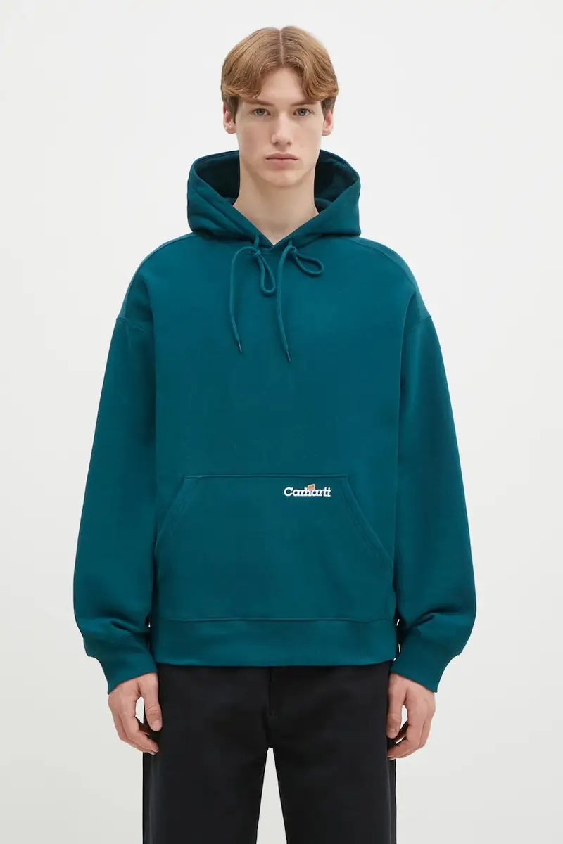 felpa in cotone Hooded Label Script Sweat uomo colore turchese con cappuccio I034430.2M1XX