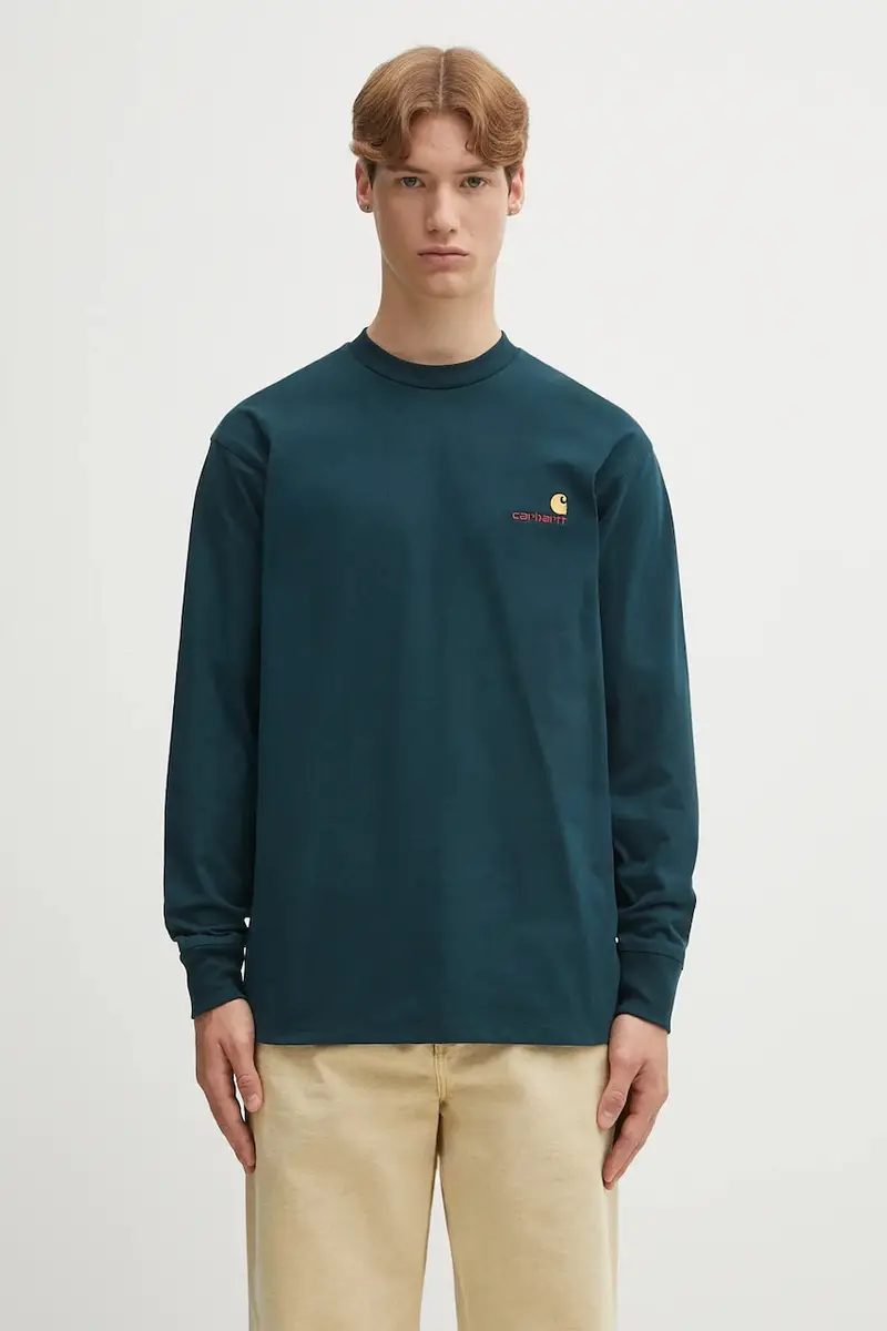 top a maniche lunghe in cotone S American Script colore turchese I029955.0AUXX