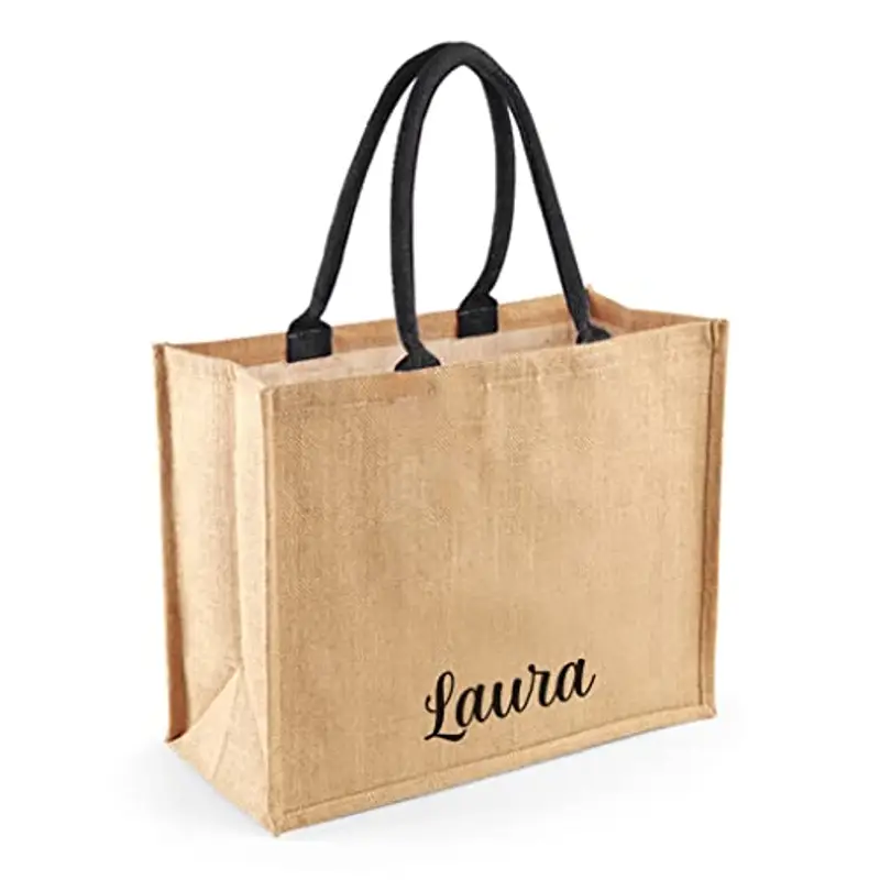 Caribu design Borsa in Juta Personalizzata con Nome Iniziali Testo e Fiocco opzionale - Tote Bag Personalizzata Shopper Grande per Donna Ragazza 42x33x19 cm Estiva per Spiaggia Mare Shopping