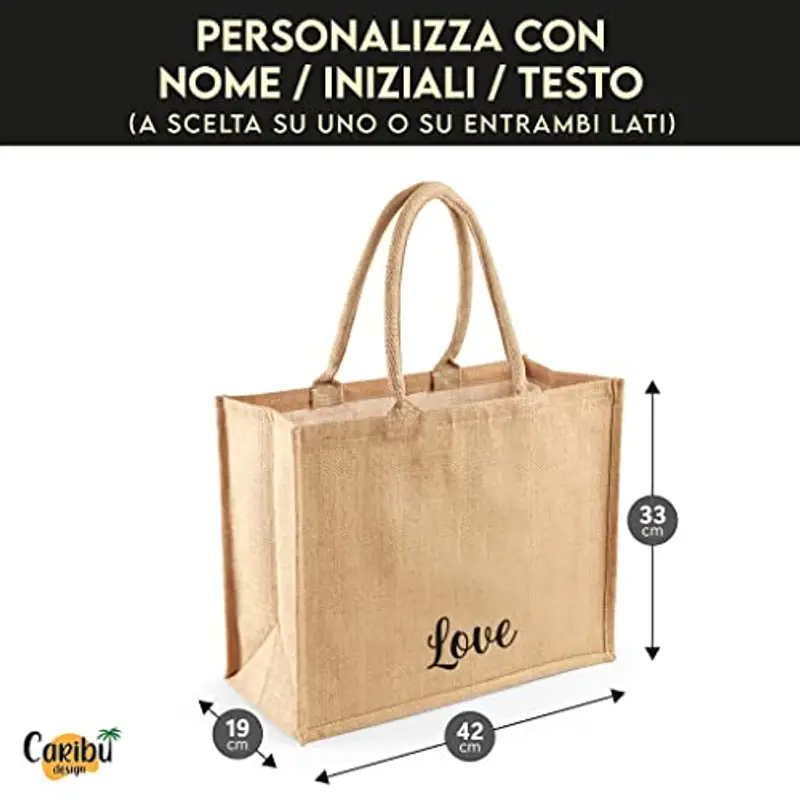 Caribu design Borsa in Juta Personalizzata con Nome Iniziali Testo e Fiocco opzionale - Tote Bag Personalizzata Shopper Grande per Donna Ragazza 42x33x19 cm Estiva per Spiaggia Mare Shopping miniatura 2