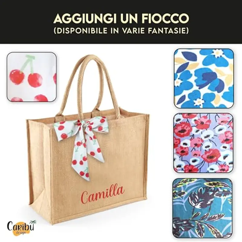 Caribu design Borsa in Juta Personalizzata con Nome Iniziali Testo e Fiocco opzionale - Tote Bag Personalizzata Shopper Grande per Donna Ragazza 42x33x19 cm Estiva per Spiaggia Mare Shopping miniatura 3