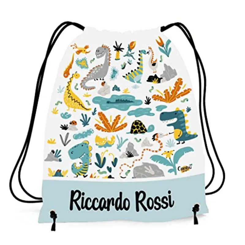 Caribu design Sacca Personalizzata con Nome per Asilo, Scuola Materna/Elementare, Nido, Sport - Zaino Bambino Bambina Tema Animali del Mondo - Idea Regalo (Animali Dinosauri)