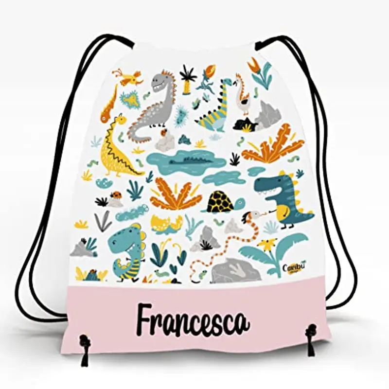 Caribu design Sacca Personalizzata con Nome per Asilo, Scuola Materna/Elementare, Nido, Sport - Zaino Bambino Bambina Tema Animali del Mondo - Idea Regalo (Animali Dinosauri) miniatura 2