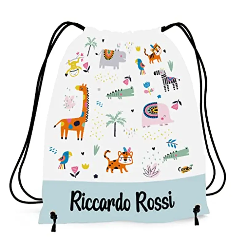 Caribu design Sacca Personalizzata con Nome per Asilo, Scuola Materna/Elementare, Nido, Sport - Zaino Bambino Bambina Tema Animali del Mondo - Idea Regalo (Animali Esotici)