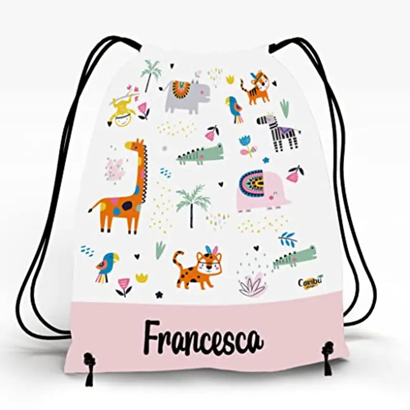 Caribu design Sacca Personalizzata con Nome per Asilo, Scuola Materna/Elementare, Nido, Sport - Zaino Bambino Bambina Tema Animali del Mondo - Idea Regalo (Animali Esotici) miniatura 2