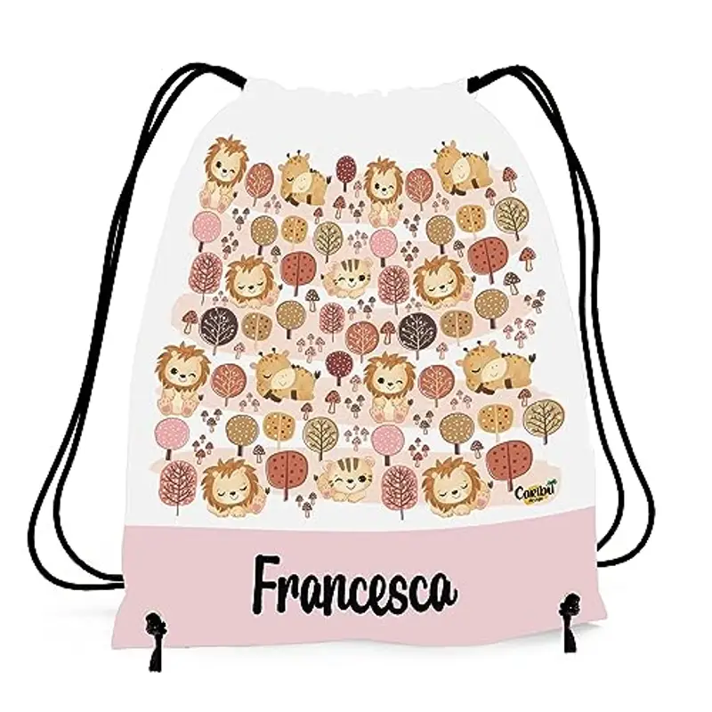 Caribu design Sacca Personalizzata con Nome per Asilo, Scuola Materna/Elementare, Nido, Sport - Zaino Bambino Bambina Tema Animali del Mondo - Idea Regalo (Animali Savana)