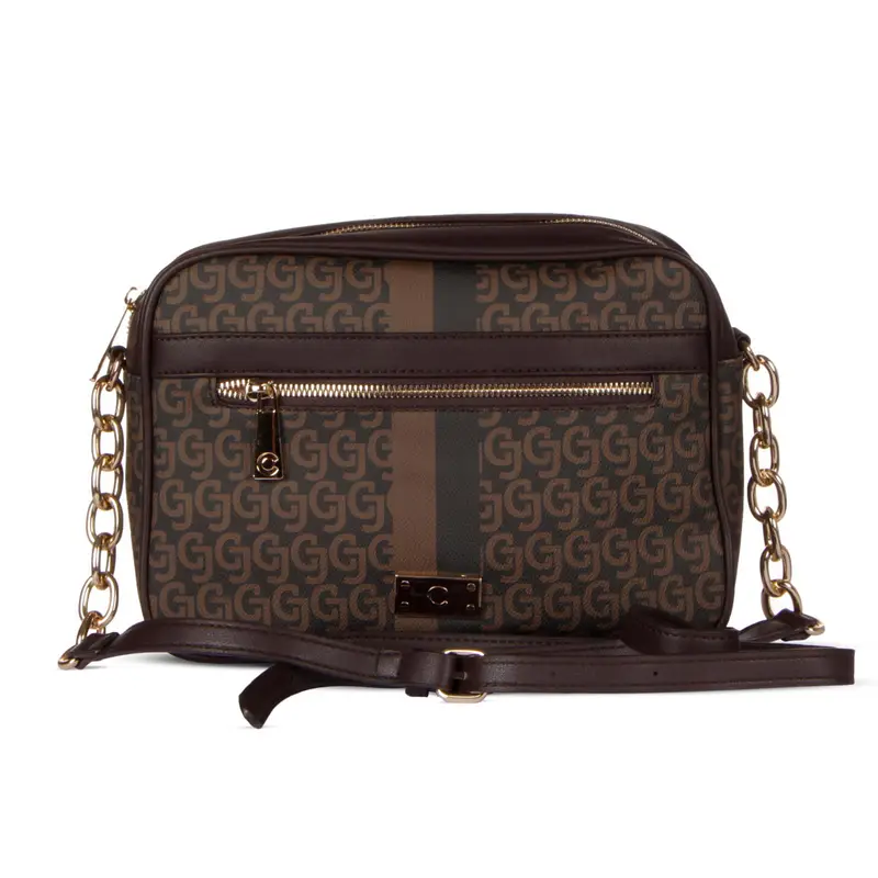 Borsa marrone con stampa multilogo e tracolla