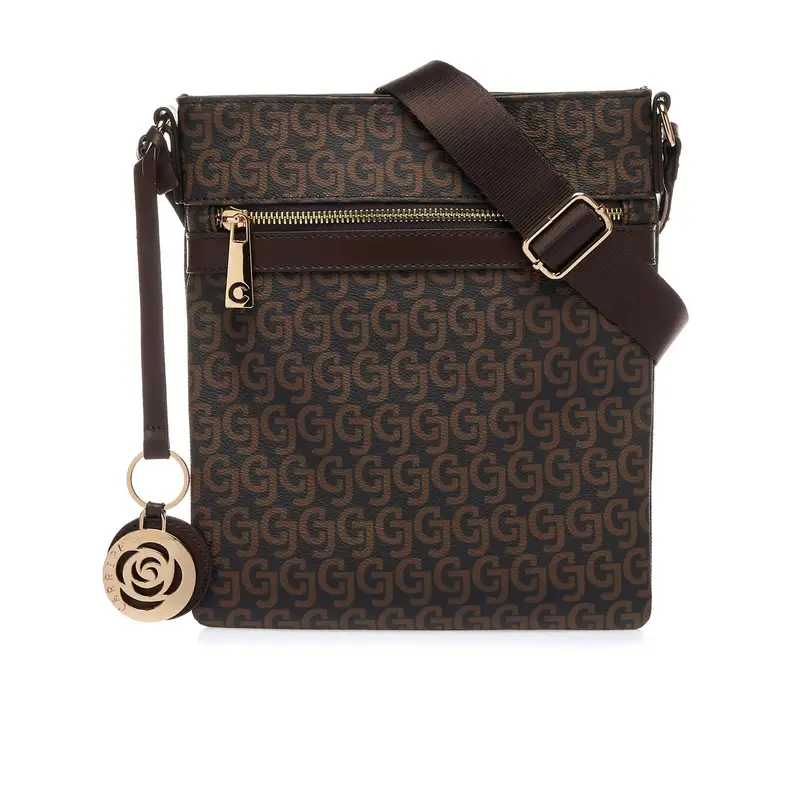 Borsa marrone con taschino esterno e tracolla regolabile in tessuto