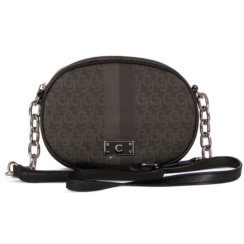 Borsa nera tonda con stampa multilogo e tracolla