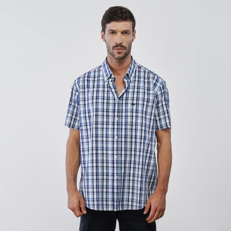 Camicia blu da uomo in stampa check con maniche corte