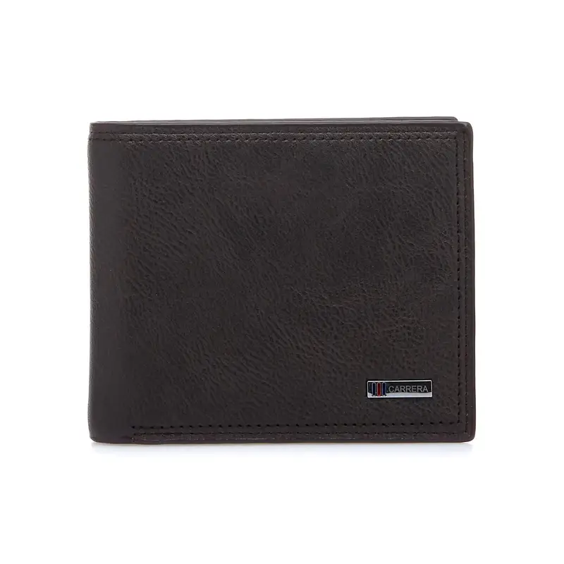 Portafoglio marrone con cuciture e targhetta esterna con logo