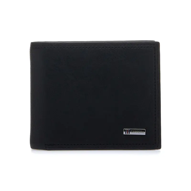 Portafoglio nero con cuciture e targhetta esterna con logo