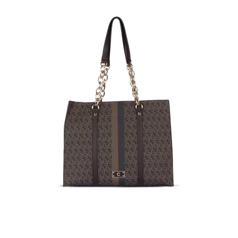 Shopper marrone con stampa multilogo