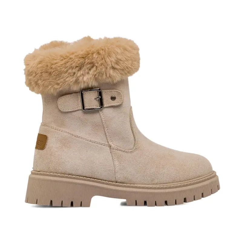 Stivaletti beige da bambina con bordo in peluche e fibbia