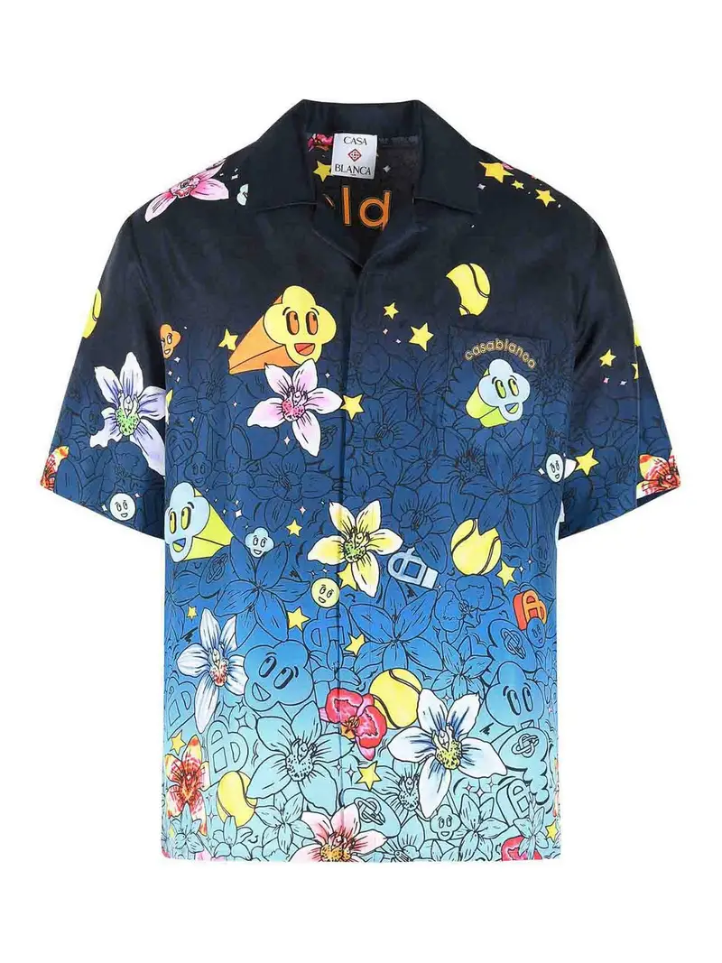 Camicia in seta blu con ripetizione graffiti