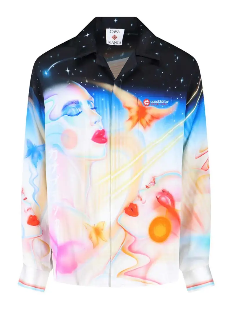 Camicia In Seta Con Stampa Celeste Multicolore