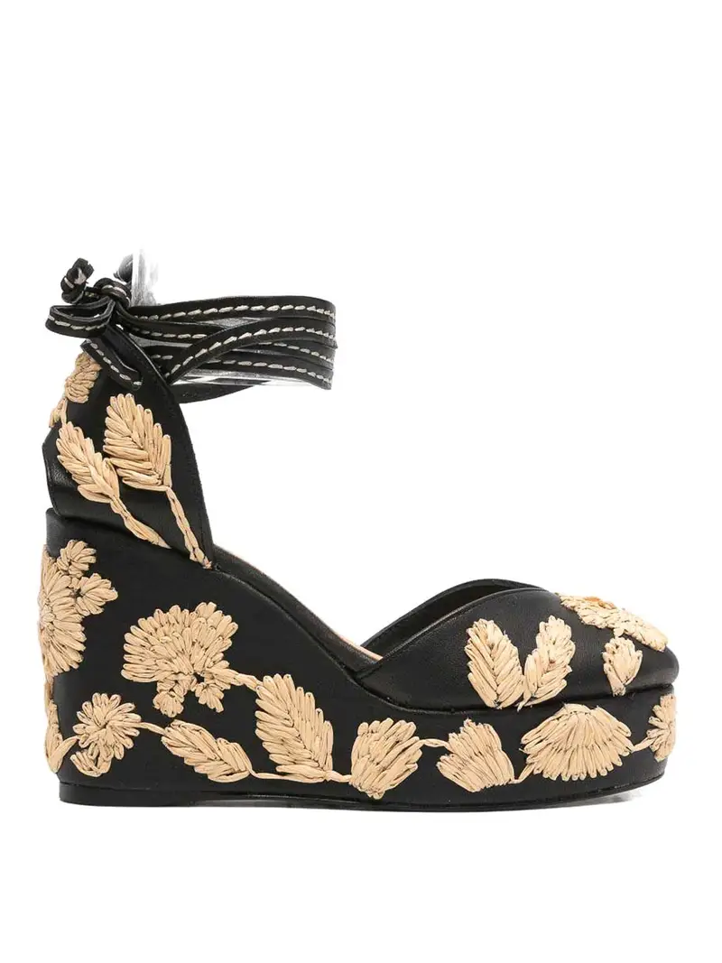 Zeppa con plateau con ricamo floreale nero