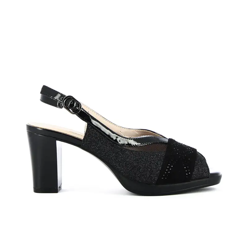 Sandali comfort neri con tacco medio glitter e strass