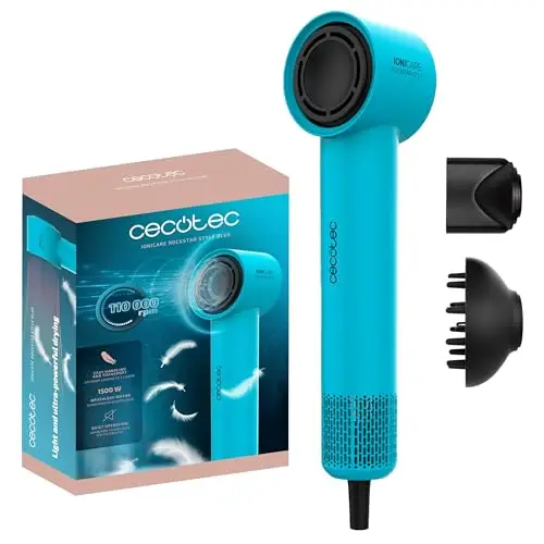 Cecotec Asciugacapelli Ionicare Rockstar Style Blue. Compatto E Leggero 1500W Con Motore Brushless, 110.000 Rpm,