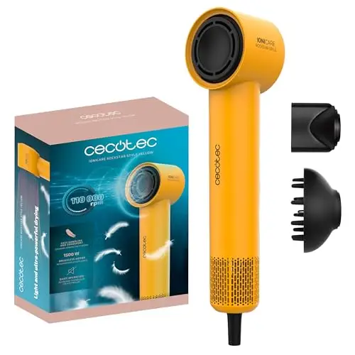 Cecotec Asciugacapelli Ionicare Rockstar Style Yellow. Compatto E Leggero 1500W Con Motore Brushless, 110.000 Rpm,
