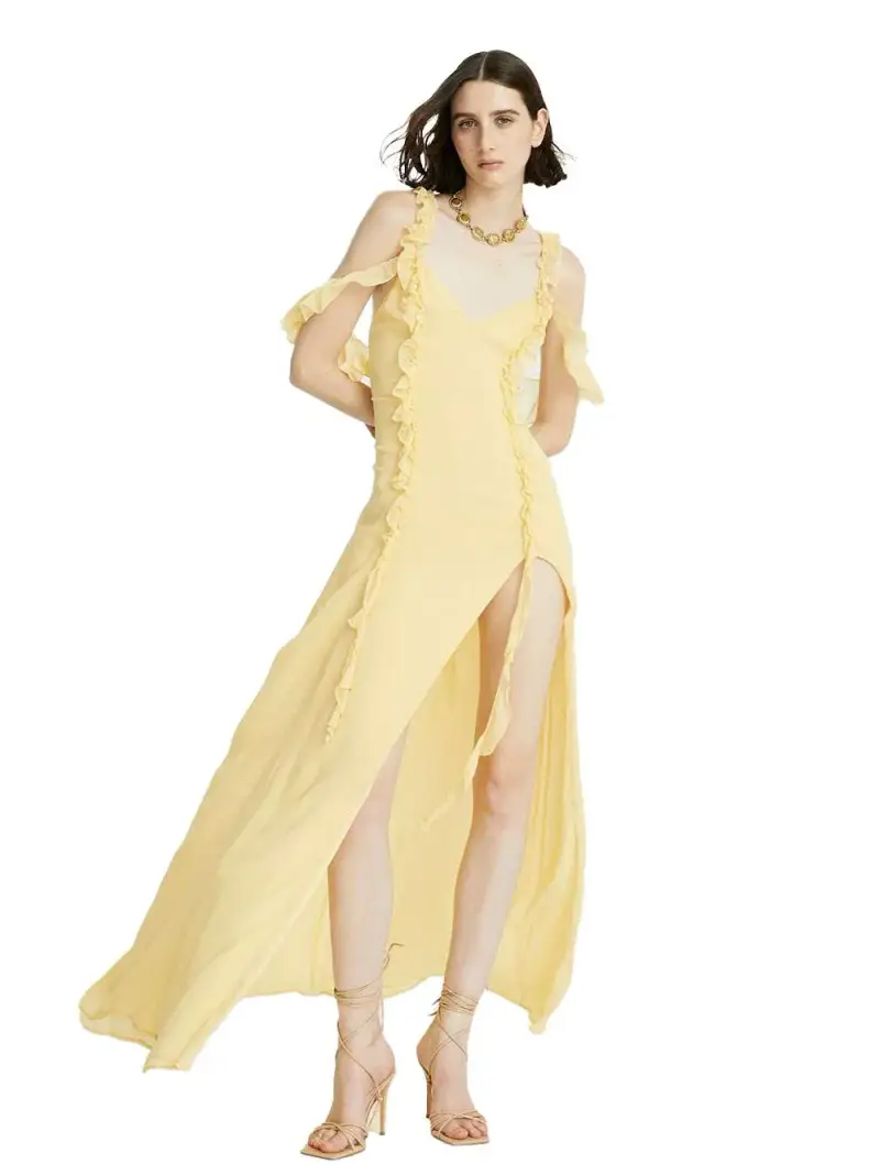 Céleste Abito lungo giallo in crepe con dettagli in ruches