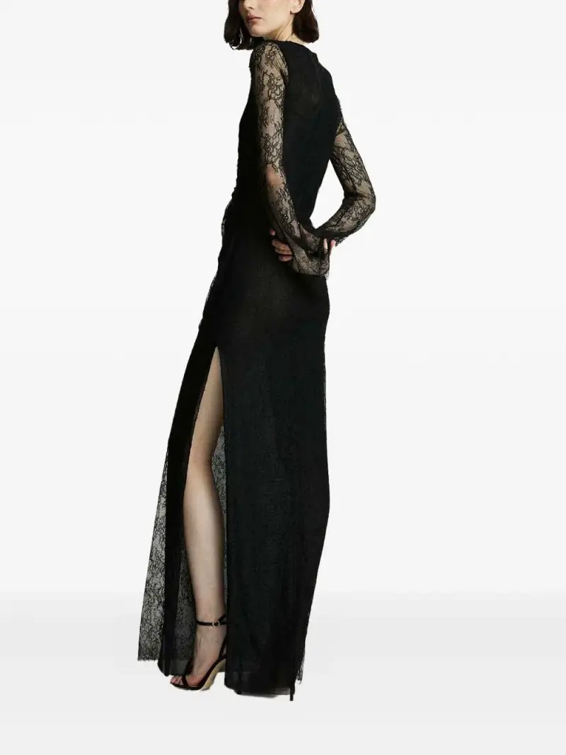 Abito nero lungo con maniche semitrasparenti ricamate miniatura 3