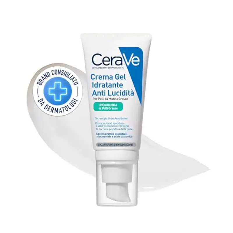 CeraVe Crema Gel Idratante Anti Lucidità, Per Pelli Grasse, Miste e a Tendenza Acneica, Effetto Matte, Pelle Idratata, Tecnologia Sebo-Assorbente, Con Acido Ialuronico, Ceramidi e Niacinamide, 52 ml