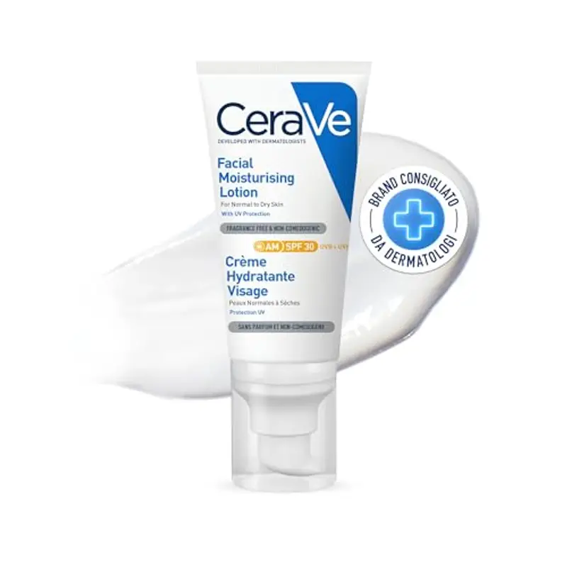 CeraVe Crema Idratante Viso SPF 30, Per Pelli da Normali a Secche, Idratazione Profonda, Ad Assorbimento Rapido, Con Protezione Solare SPF 30 e Acido Ialuronico, 52 ml